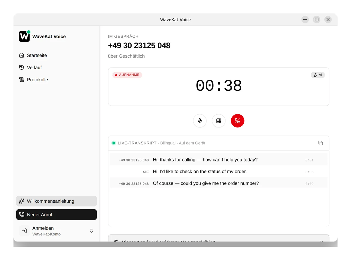 WaveKat Voice unter Ubuntu — ein vom Assistenten initiierter Anruf, laufend, mit Live-Transkript daneben.