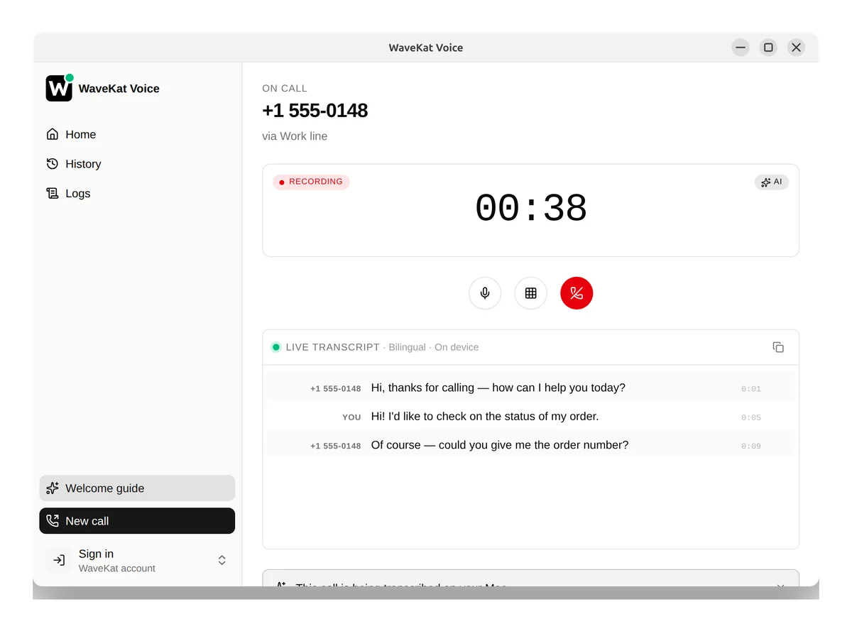 WaveKat Voice on Ubuntu — a call the assistant placed, in progress, with a live transcript alongside.