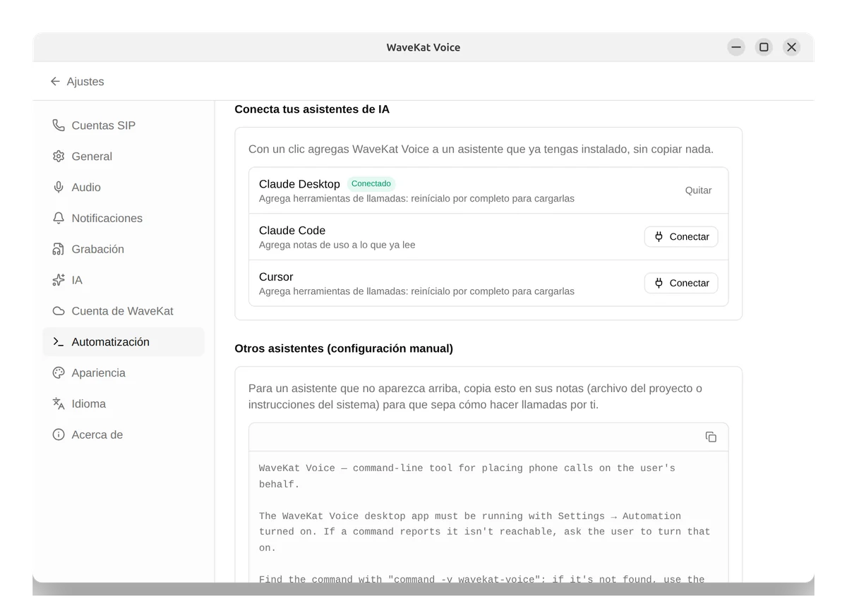 WaveKat Voice en Ubuntu: conectar asistentes de IA como Claude y Cursor, cada uno con un botón de Conectar de un clic.