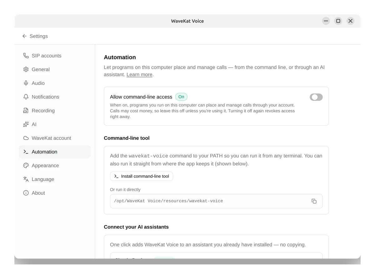 WaveKat Voice on Ubuntu — Settings → Automation, with command-line access turned on and the Install command-line tool button.
